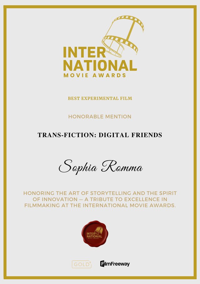 Best Experimental Film — Honorable Mention — International Movie Awards Indie 2026 certificate