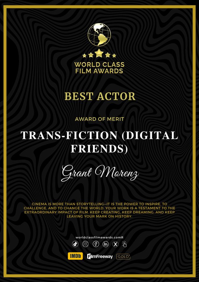 Best Actor (Grant Morenz) — Award of Merit — World Class Film Awards 2026 certificate