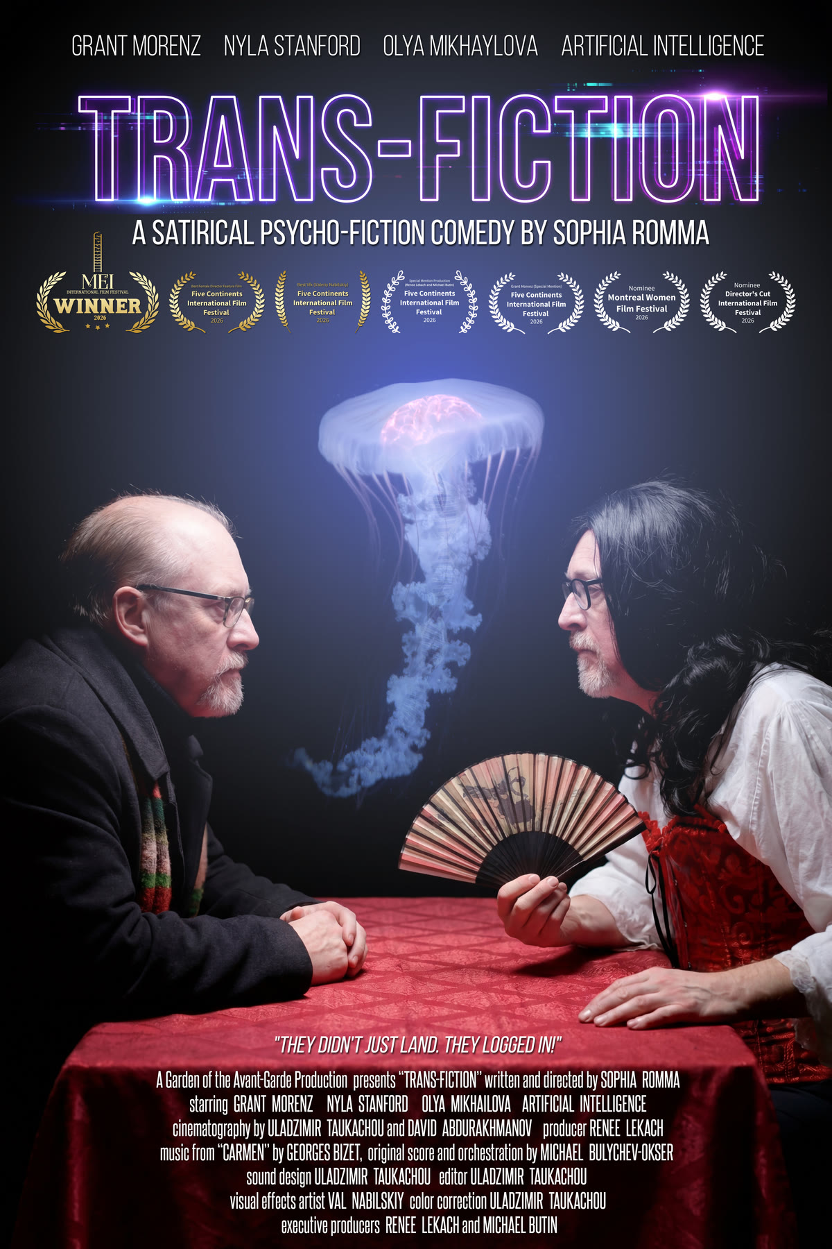 TRANS-FICTION theatrical poster — the two leads at the table beneath the AI hologram