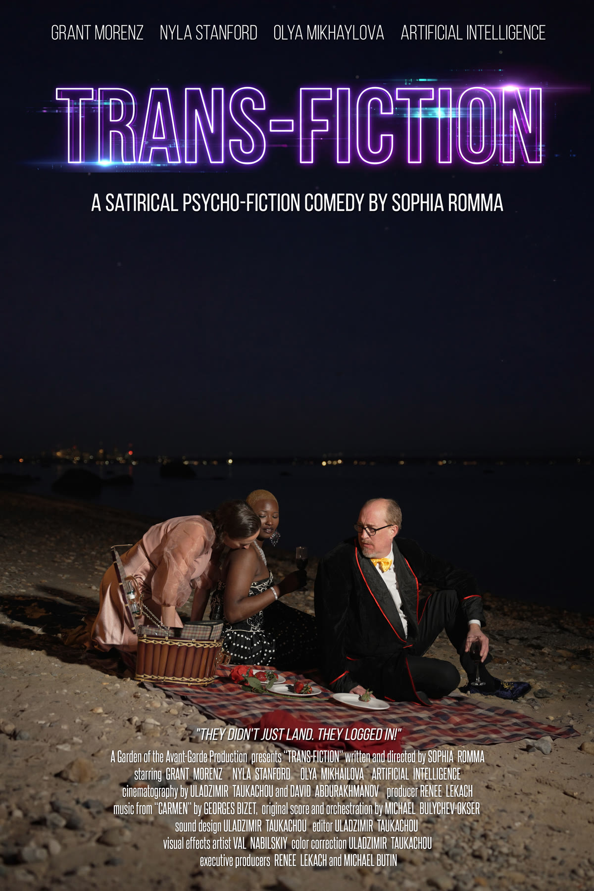 TRANS-FICTION poster — a beachside picnic at night