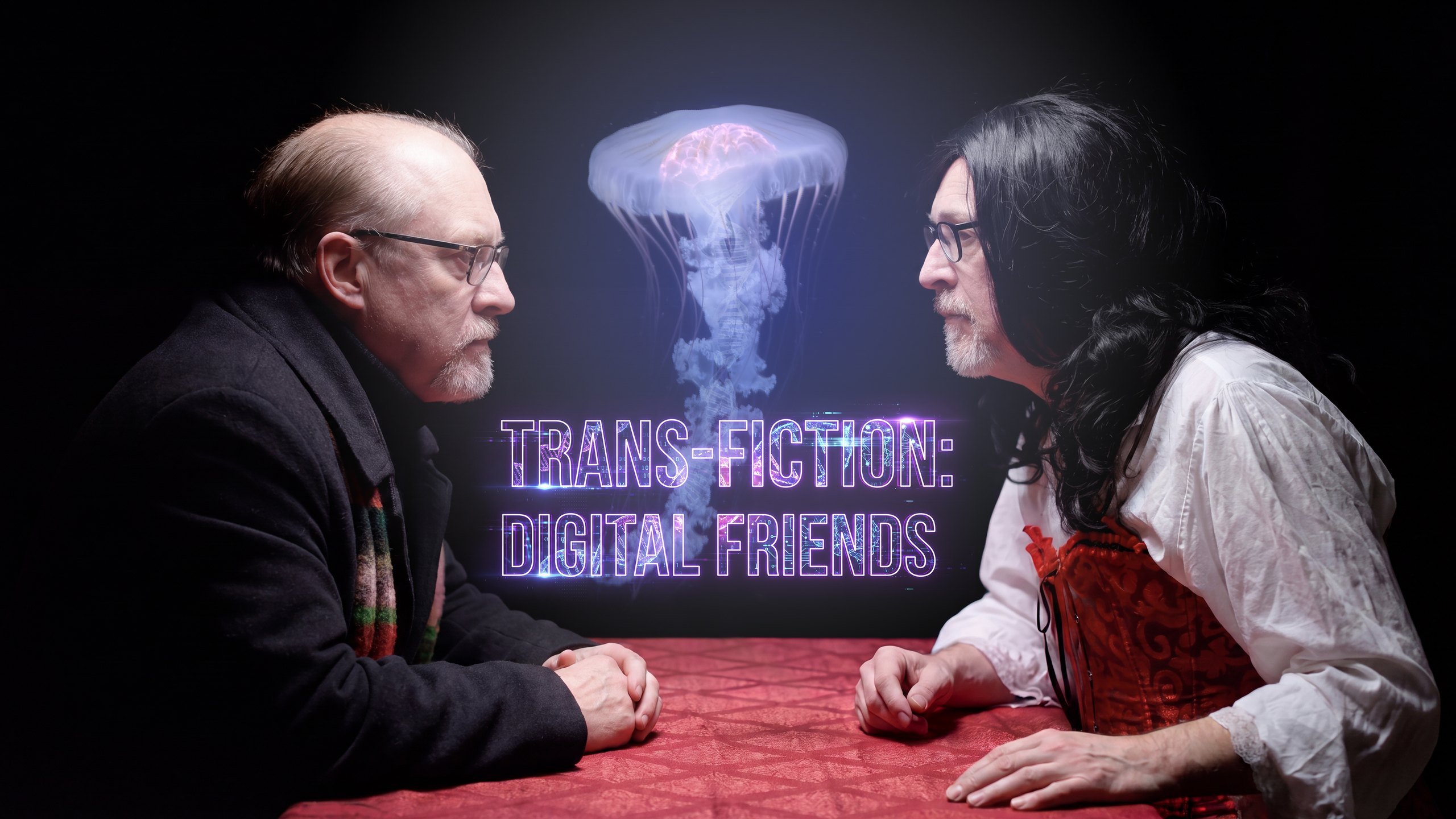 TRANS-FICTION: Digital Friends — official key art. The two leads face each other across a table beneath the AI jellyfish hologram.